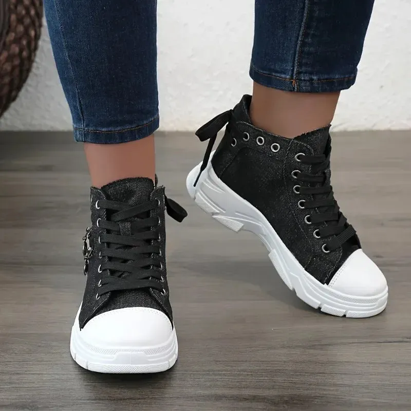 2024 New Women Plus Sizes Sneakers High Top Female Denim Canvas Shoes Thick Sole Girls Students Ankle Canvas Boots Lace Up