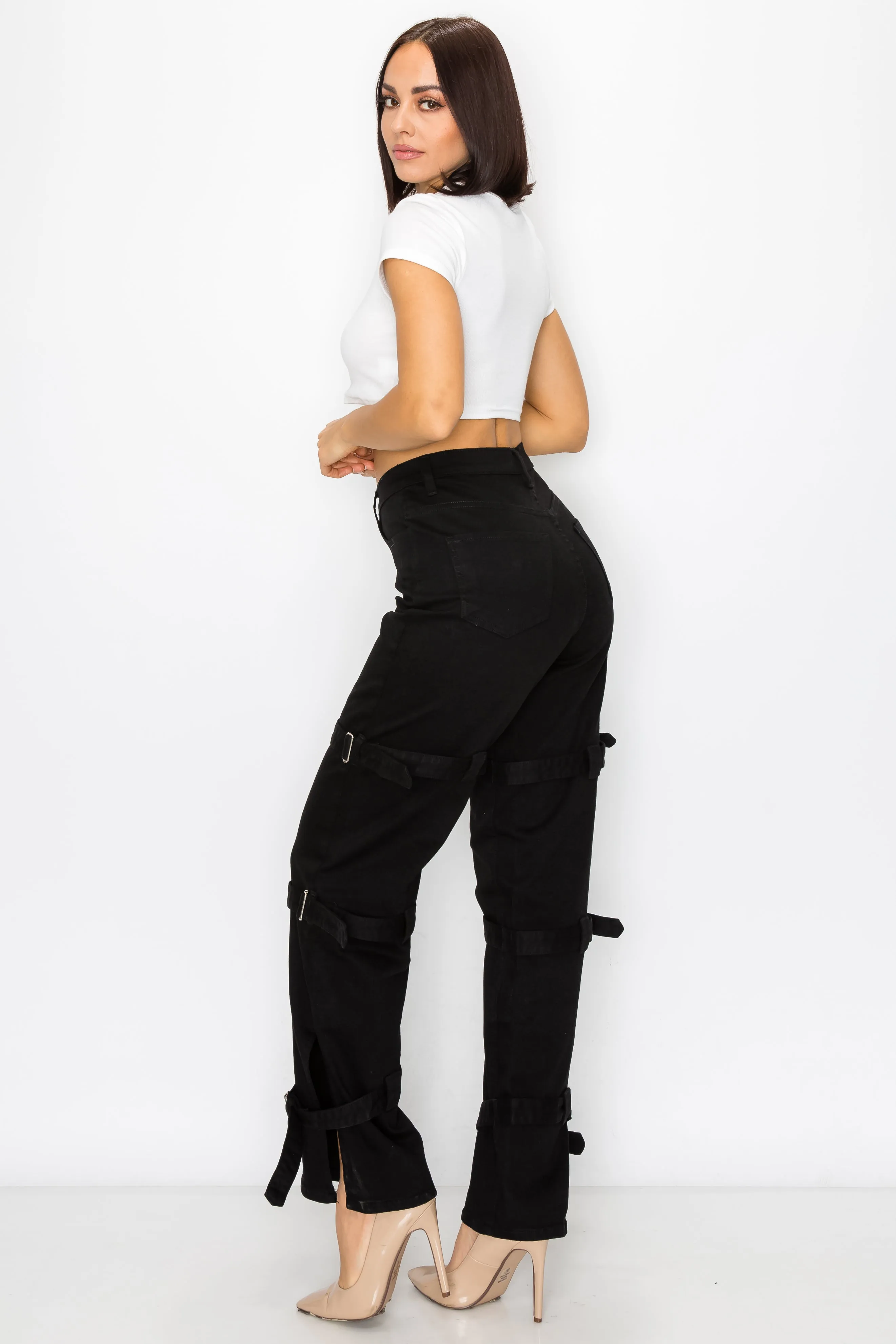 40417 Women's High rise Black Straight Jeans with Leg straps-BLACK