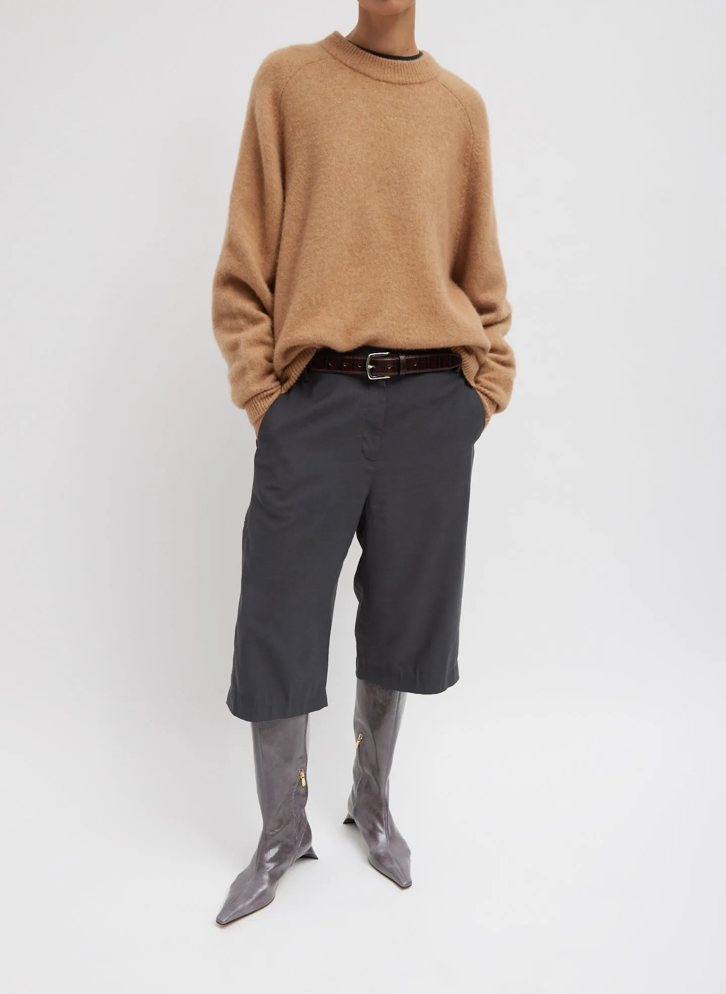 Camel Hair Knit Crewneck Oversized Pullover