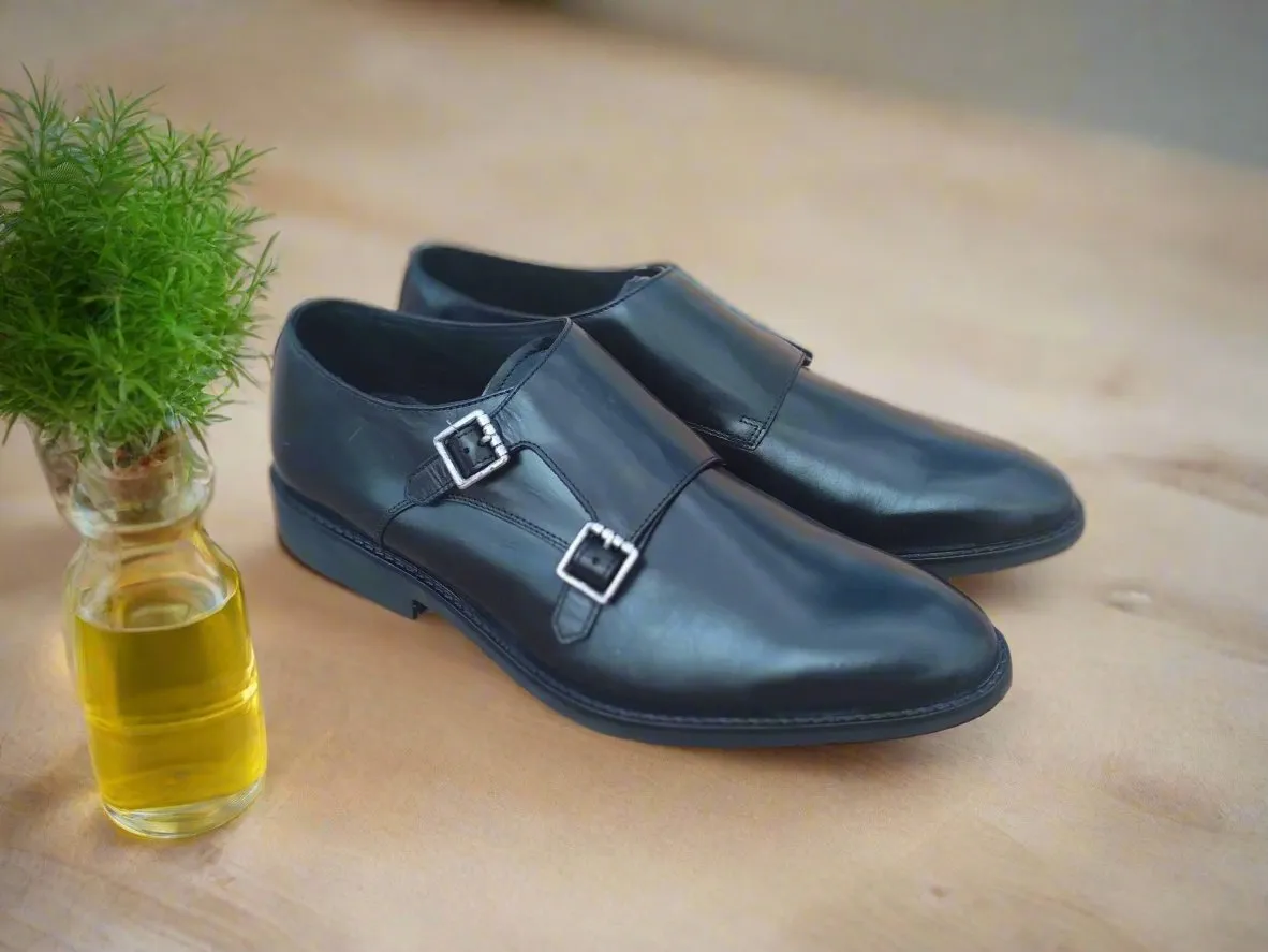 Double Strap Shoes Genuine Leather Plain toe Black