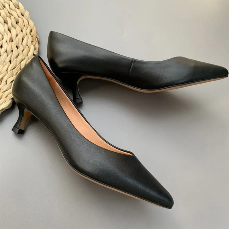 Handmade Leather Point Toe Pumps 50mm Kitty Heel In Nude/Black/Gray Fashion Style