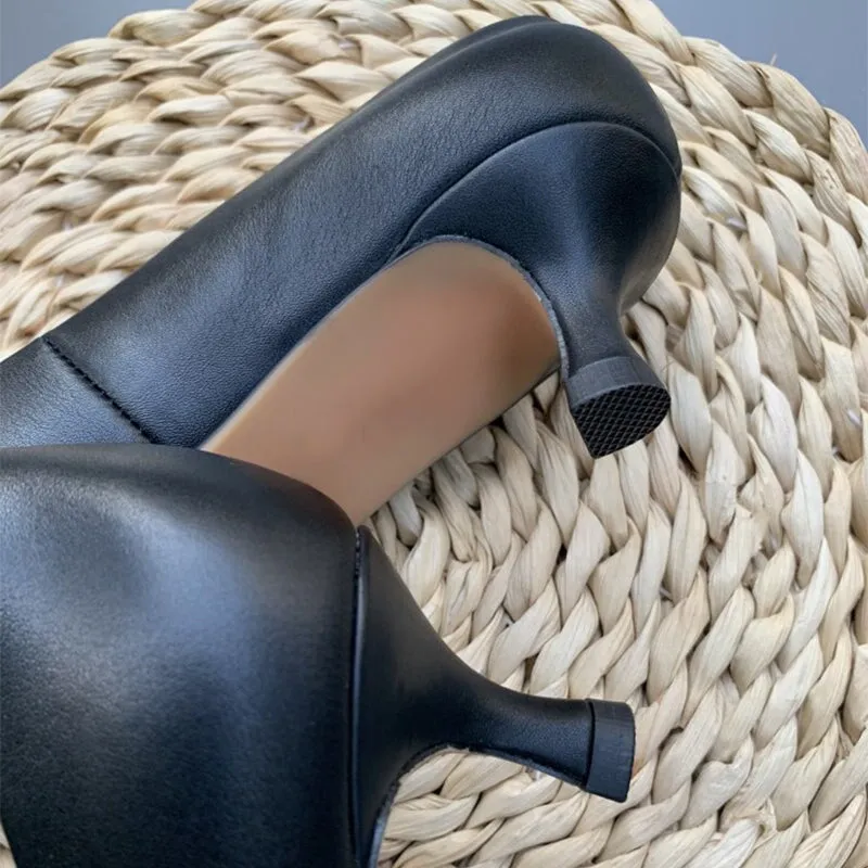 Handmade Leather Point Toe Pumps 50mm Kitty Heel In Nude/Black/Gray Fashion Style