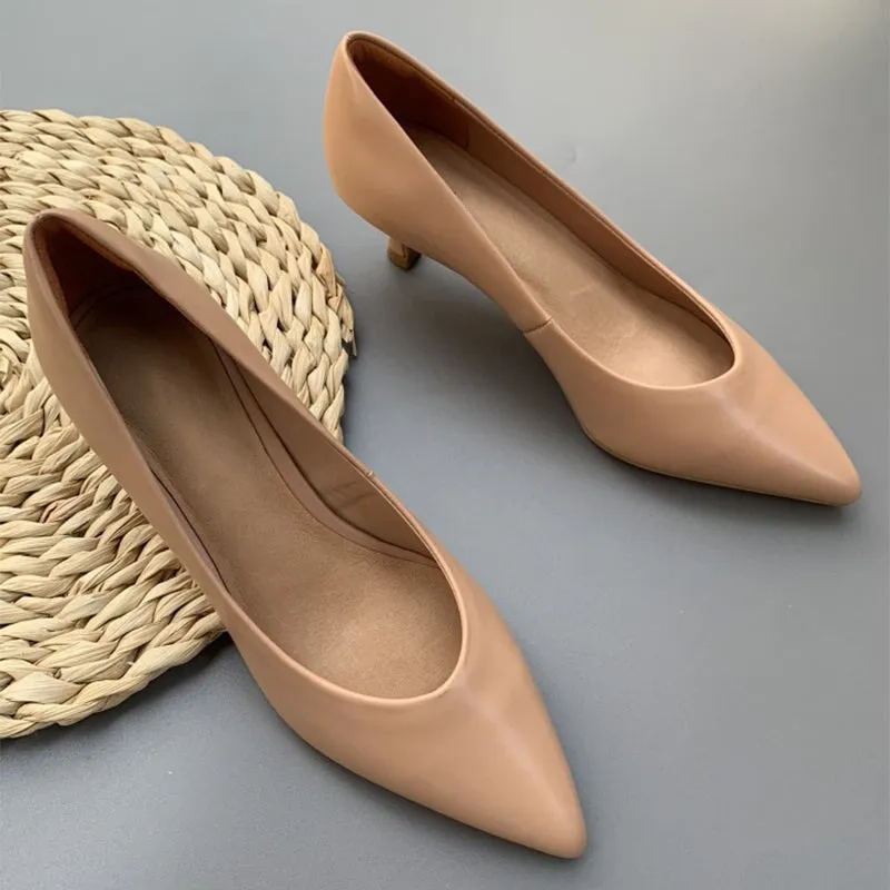 Handmade Leather Point Toe Pumps 50mm Kitty Heel In Nude/Black/Gray Fashion Style
