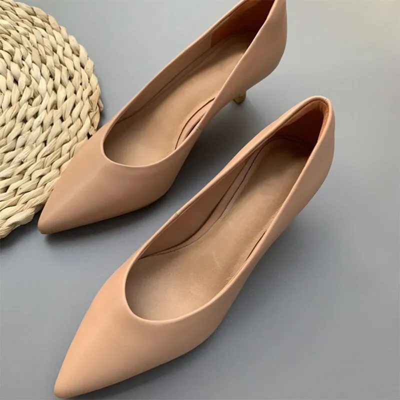 Handmade Leather Point Toe Pumps 50mm Kitty Heel In Nude/Black/Gray Fashion Style