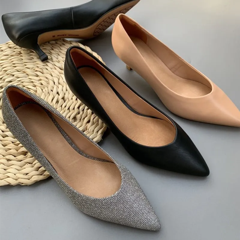 Handmade Leather Point Toe Pumps 50mm Kitty Heel In Nude/Black/Gray Fashion Style
