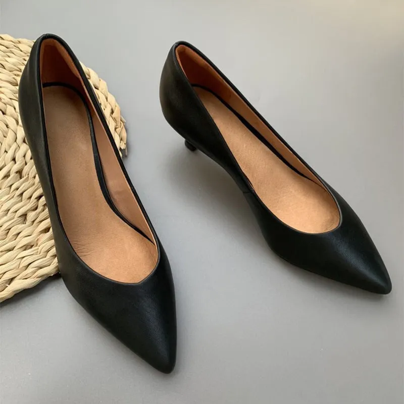 Handmade Leather Point Toe Pumps 50mm Kitty Heel In Nude/Black/Gray Fashion Style