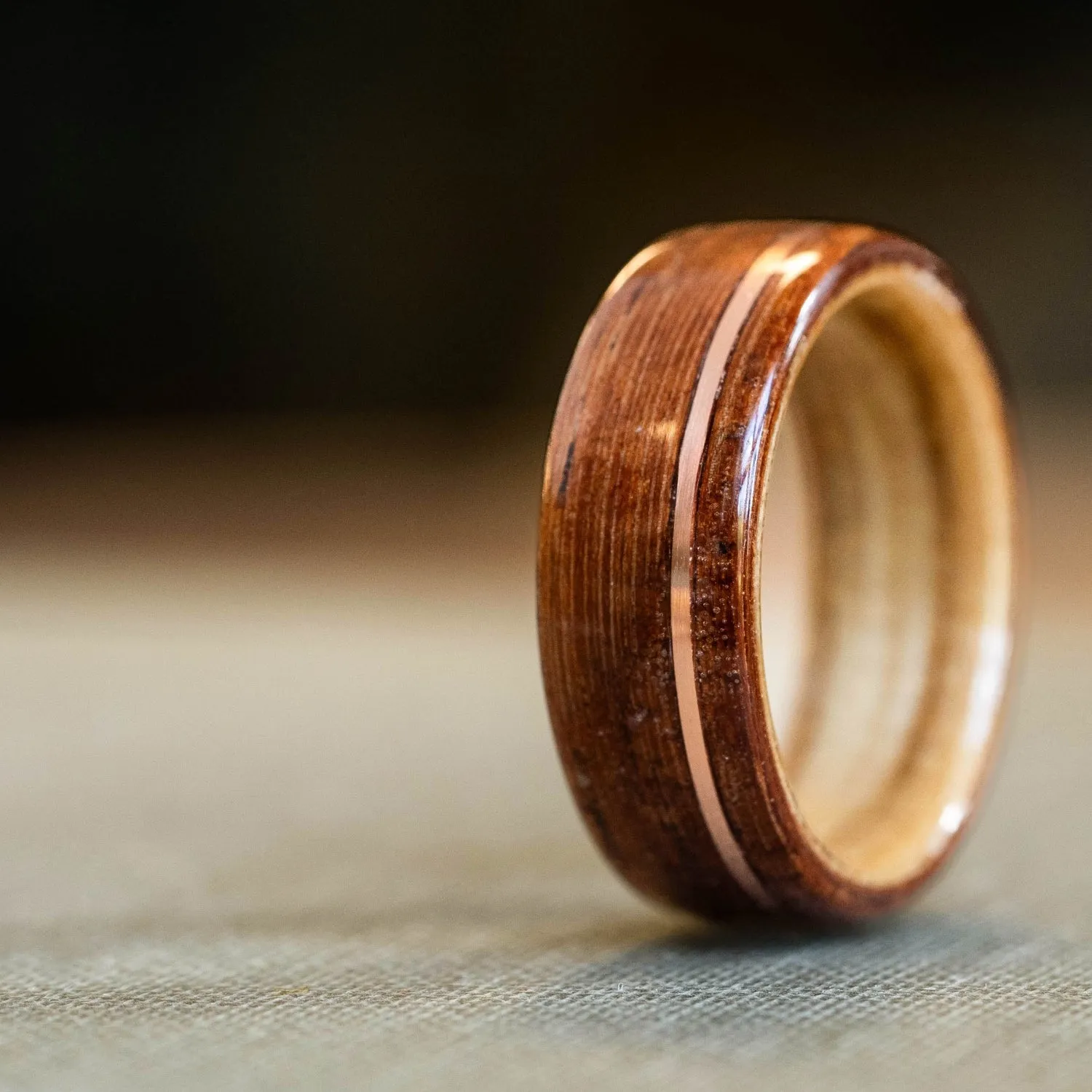 (In-Stock) Iroko Teak Wooden Ring with Natural Whiskey Barrel Liner & Offset Copper - Size 9.25 | 8mm Wide