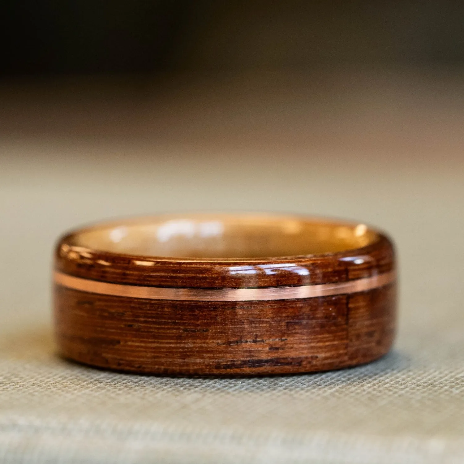 (In-Stock) Iroko Teak Wooden Ring with Natural Whiskey Barrel Liner & Offset Copper - Size 9.25 | 8mm Wide