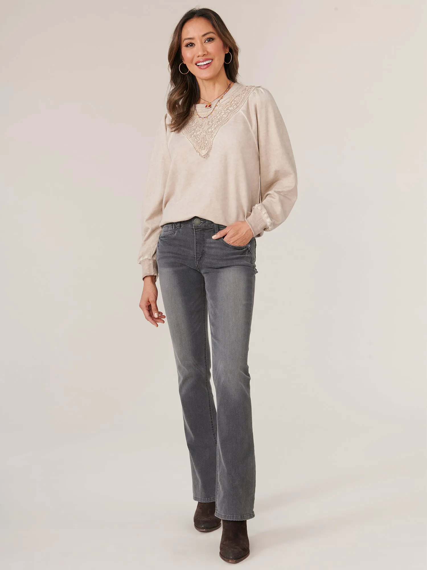 Long Blouson Sleeve Crew Neck with Lace Applique Petite Sweatshirt