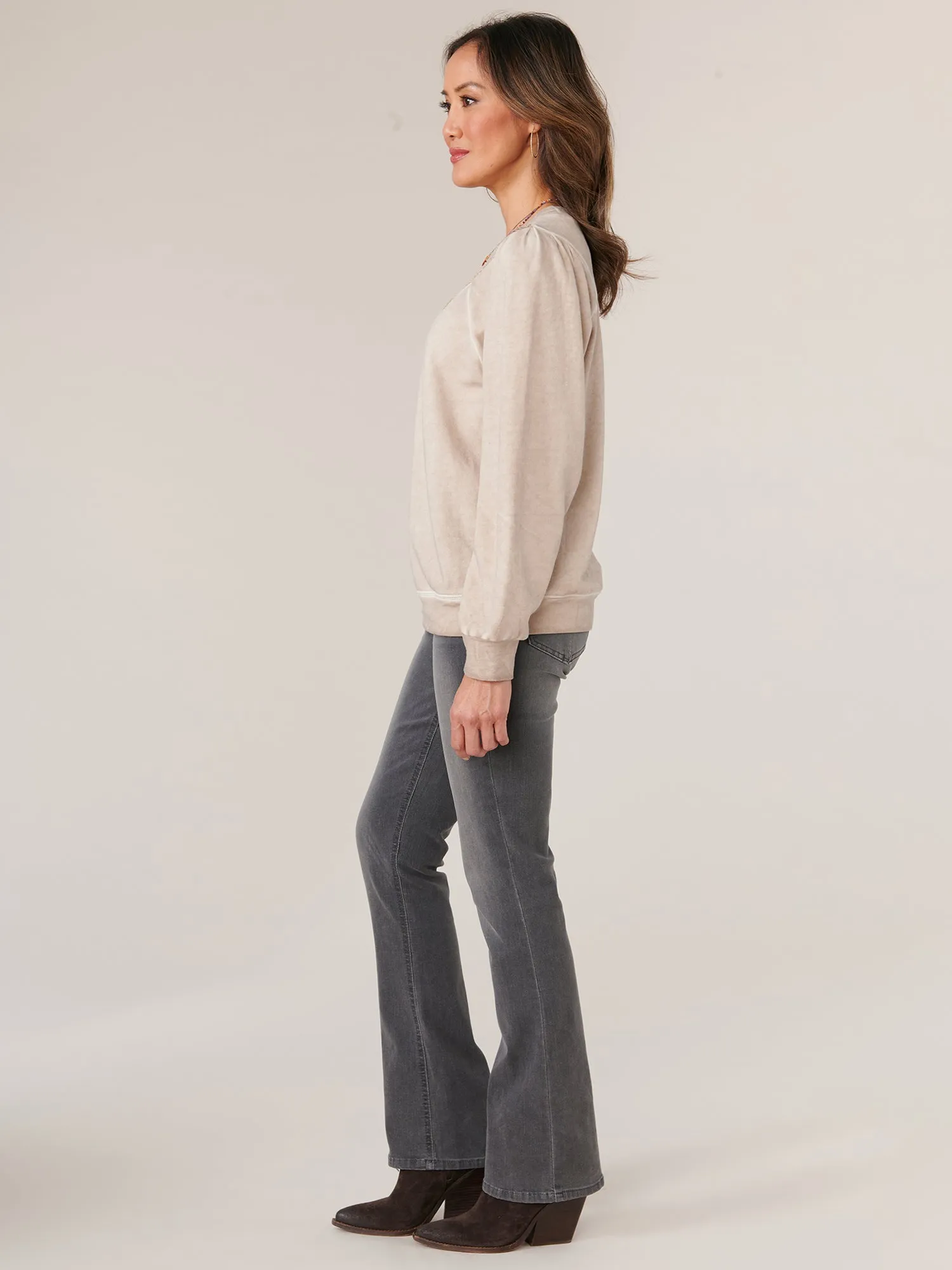 Long Blouson Sleeve Crew Neck with Lace Applique Petite Sweatshirt