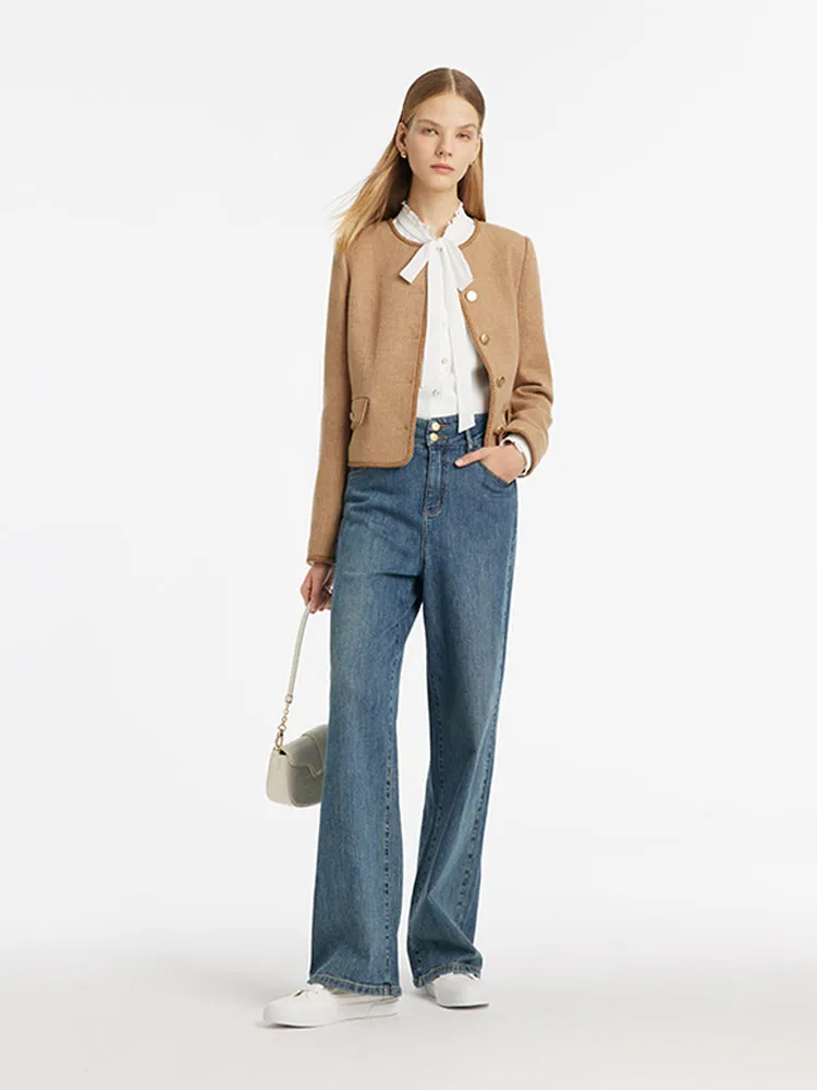 Washable Wool Round Neck Single-Breasted Women Jacket